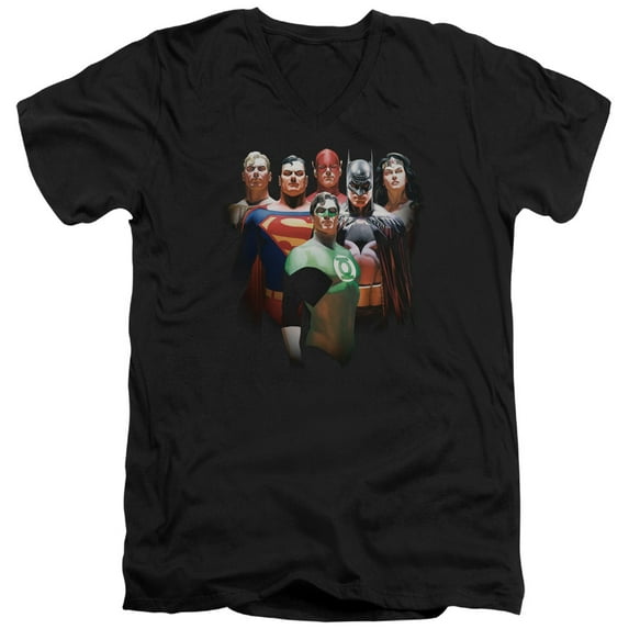 JLA Justice League Roll Call Long Sleeve Adult V-Neck 30/1 T-Shirt Black