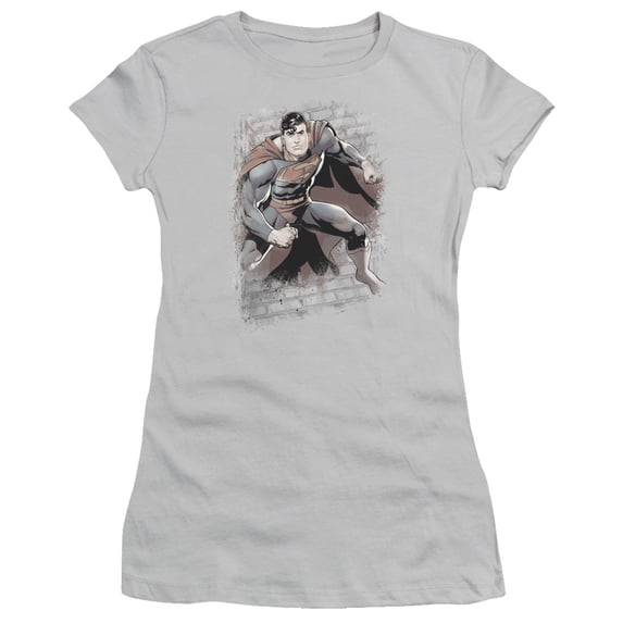 JLA Justice League Superman Bricks S/S Junior Women's T-Shirt Sheer Silver