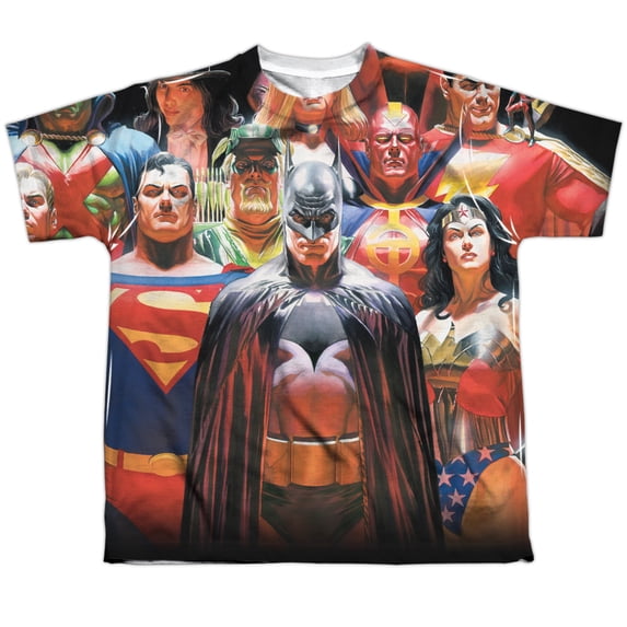 Trevco Sportswear JLA Wall of Heroes Youth Short Sleeve T-Shirt, White - Small