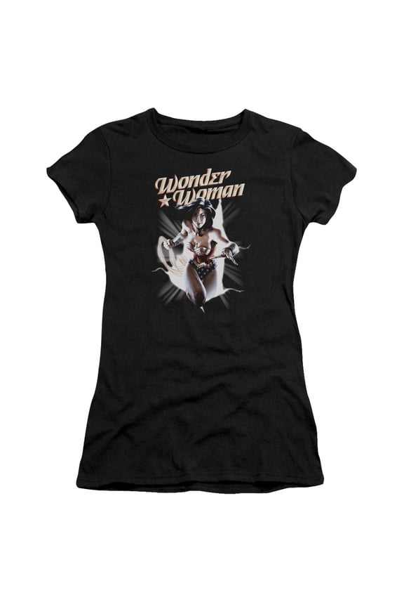 JLA Justice League Ww Break Out S/S Junior Women's T-Shirt Sheer Black