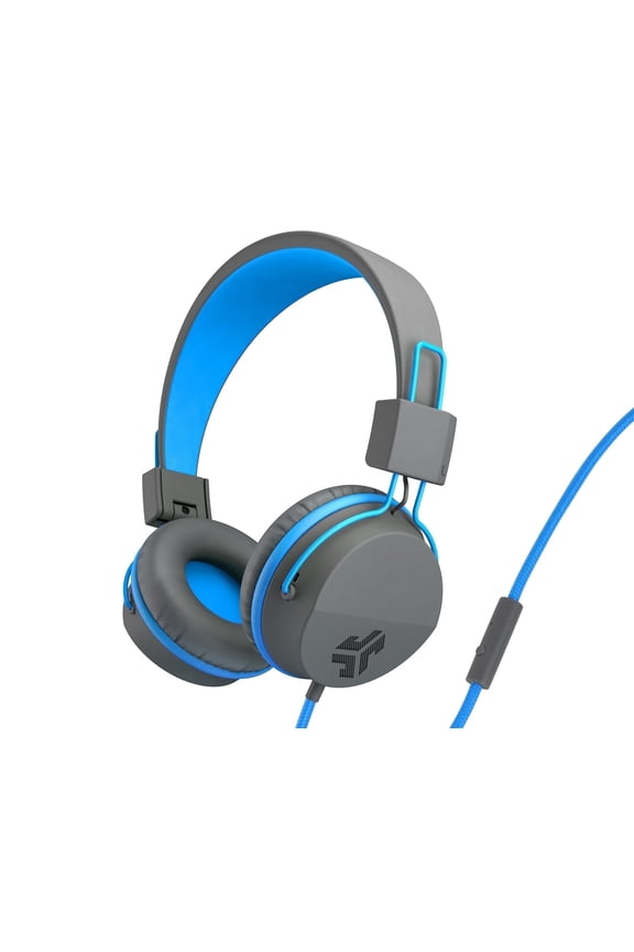 JBuddies Studio On-Ear Kids Wired Headphones, Grey/Blue, Studio Volume Safe, Volume Limiter, Folding, Adjustable, Noise Isolation, with Mic
