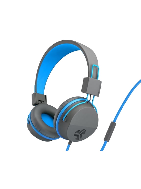 JBuddies Studio On-Ear Kids Wired Headphones, Grey/Blue, Studio Volume Safe, Volume Limiter, Folding, Adjustable, Noise Isolation, with Mic