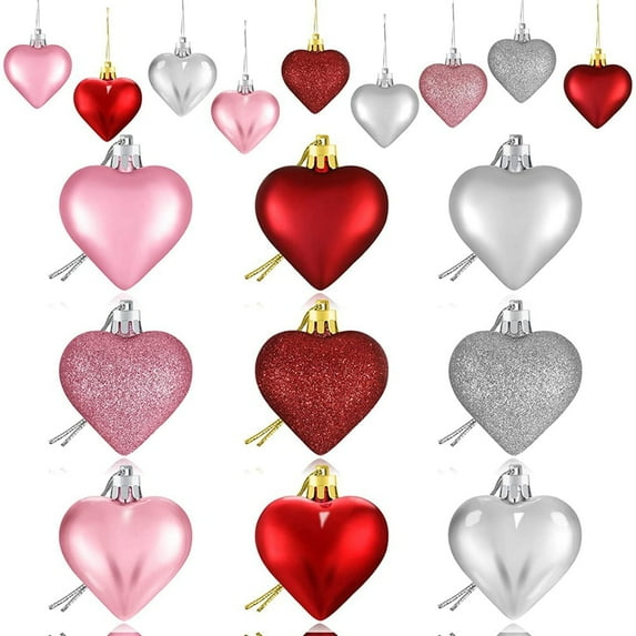 Jlong 27PCS Valentine's Day Heart Ornaments, Heart Baubles Heart Shaped Christmas Tree Baubles Heart Hanging Decorations for Valentine's Day Wedding Anniversary
