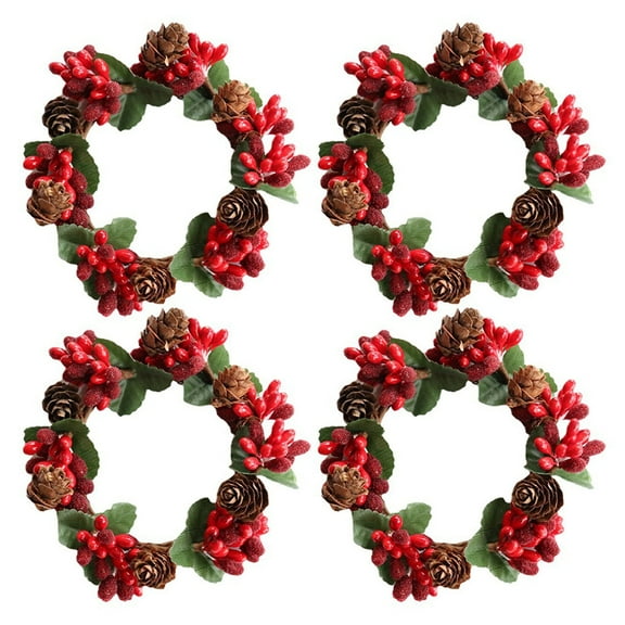 Jlong 4Pcs 3.14inch Christmas Candle Ring, Xmas Artificial Beaded Berries Candle Rings, Small Pinecones Wreaths for Pillar Rustic Wedding Centerpiece Holiday Table Decoration