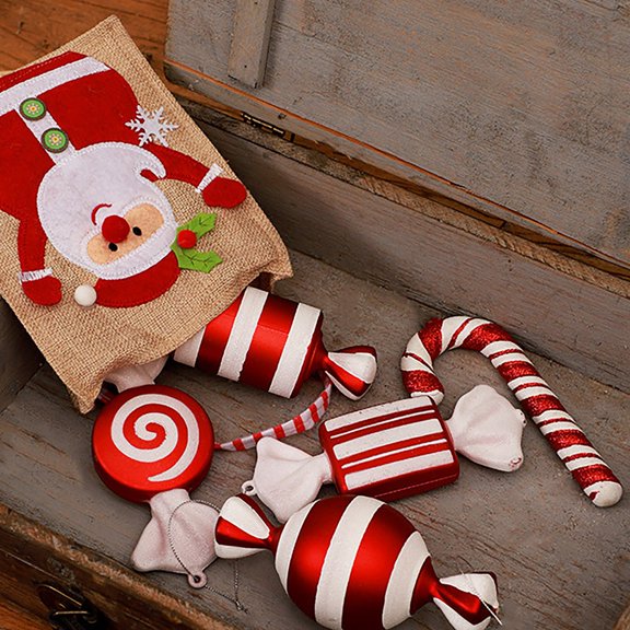 Jlong 7PCS Christmas Tree Pendant Hanging Candy Decorations, 6in PVC Red and White Christmas Candy Window Ornaments, Candy Baubles Set for Christmas Tree, Home, Festival Party, Wedding Decor