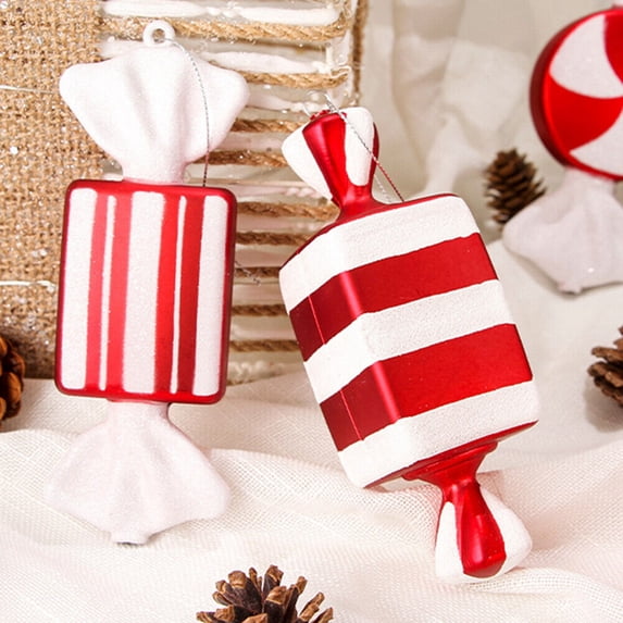 Jlong 7PCS Christmas Tree Pendant Hanging Candy Decorations, 6in PVC Red and White Christmas Candy Window Ornaments, Candy Baubles Set for Christmas Tree, Home, Festival Party, Wedding Decor