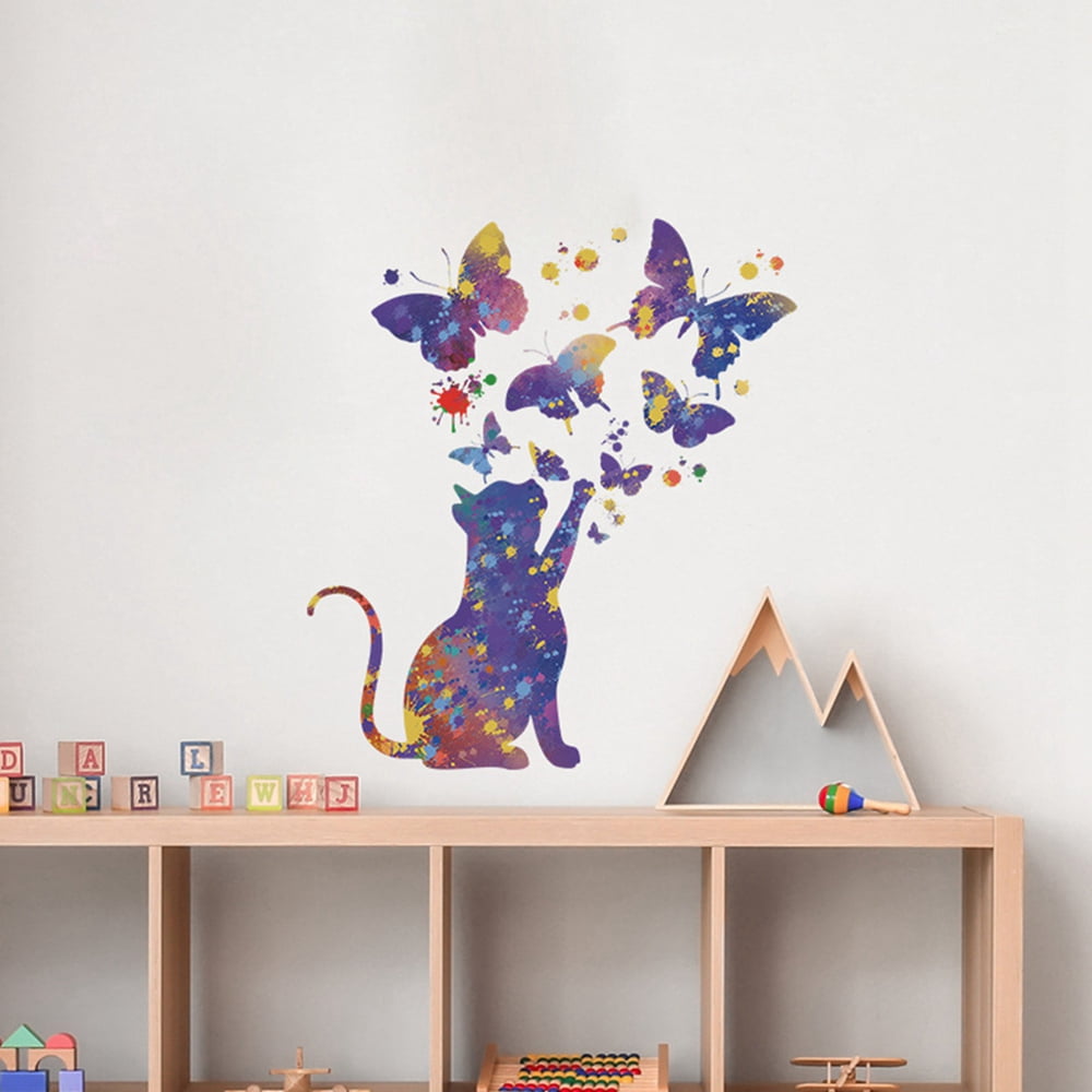 Jlong Cat Catches Butterflies Wall Decals, Purple Galaxy Cat Butterfly