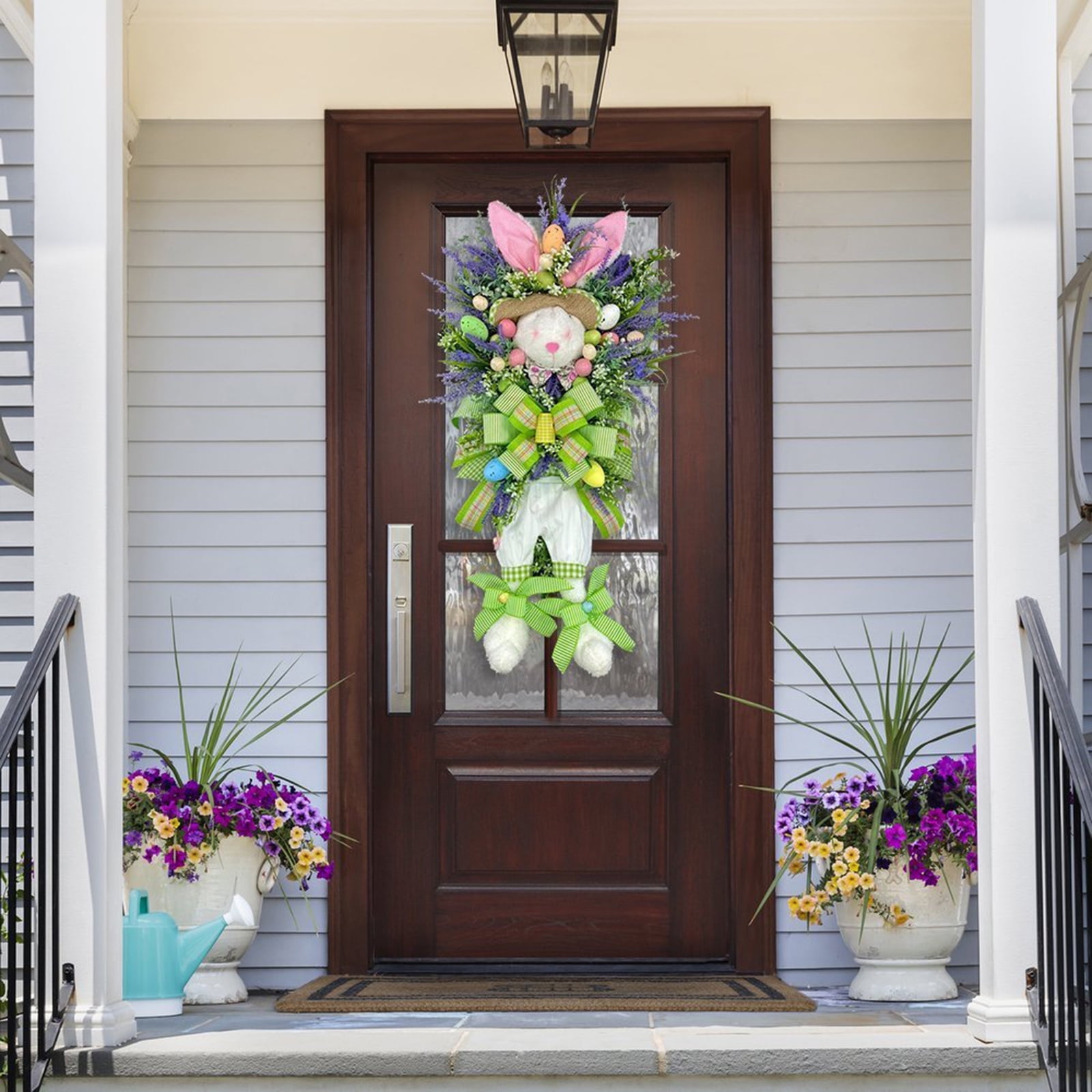 Jlong Easter Rabbit Wreath Decor for Front Door, Rustic Bunny Carrot Wreath Spring Artificial Lavender Wreaths Garland Teardrop Swag Farmhouse Home Indoor Outdoor Easter Decor