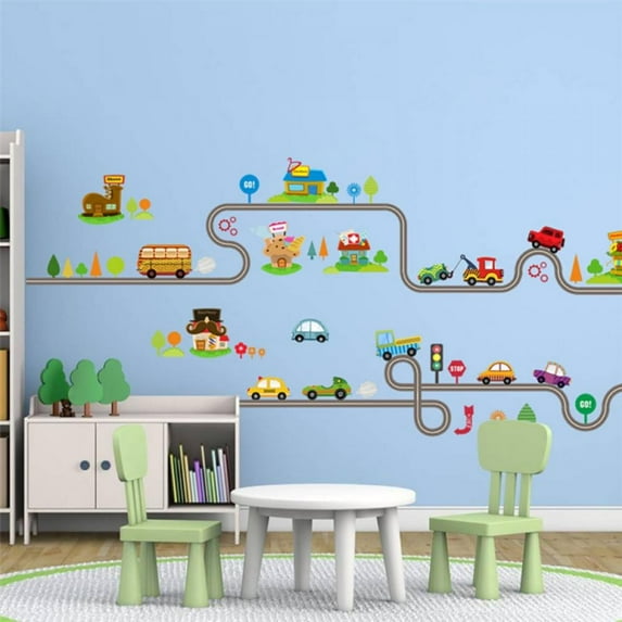 Jlong Kids Room Wall Decal Removable Cartoon DIY Vinyl City Car Circled Curved Road Wall Stickers Decor for Children Babys Bedroom Studyroom Playroom Nursery Room School