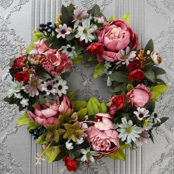 Jlong Pink Peony Wreath Spring Wreath for Front Door, Artificial Flower Wreath Spring Winter Wreath for Indoor Outdoor Wedding Wall Outdoor Home Wreath Decor