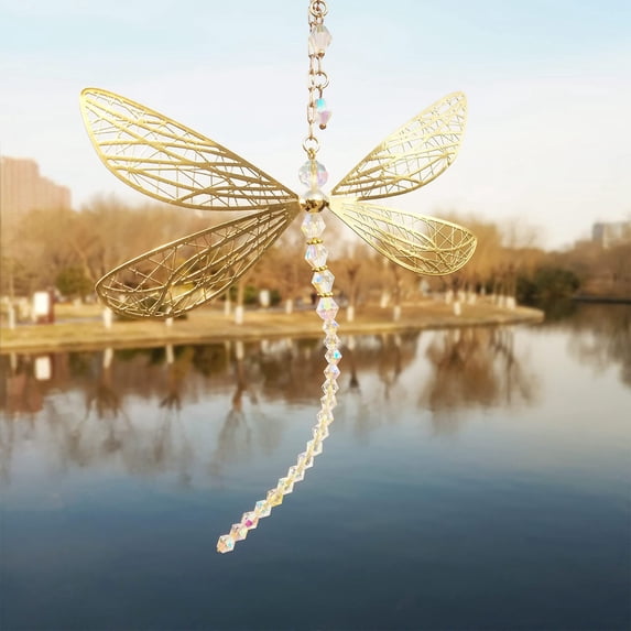 Jlong Stained Glass Suncatcher Dragonfly, Small Dragonfly Sun Catcher with Crystals,Rainbow Maker Pendant Window Hanging Ornament