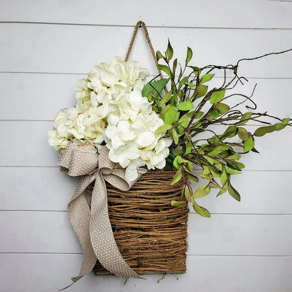 Jlong Wildflowers Hanging Basket Wreath, Artificial White Hydrangea Spring Wreath for Front Door, Wall Hanging Flower Bucket Rustic Farmhouse Wreath Party Wedding Home Decor