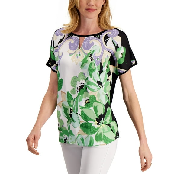 Jm Colleciton Floral Print Keyhole Top Green Emerald Combo L