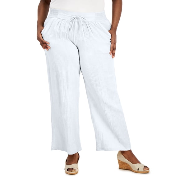 JM Collection Plus Size Gauze Drawstring Pants Bright White 3X