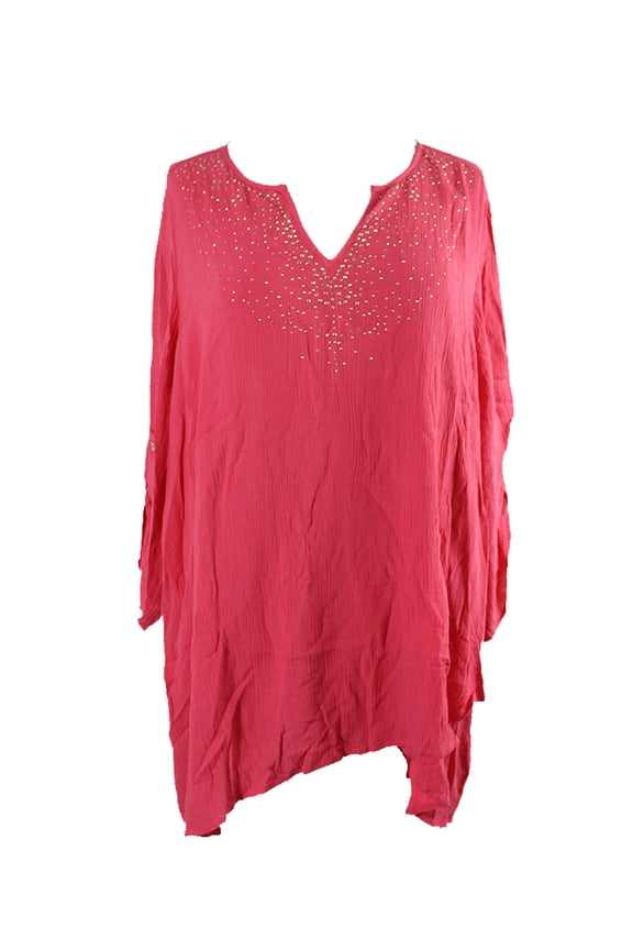 Womens Rose Embellished Asymmetrical-Hem Top 0X