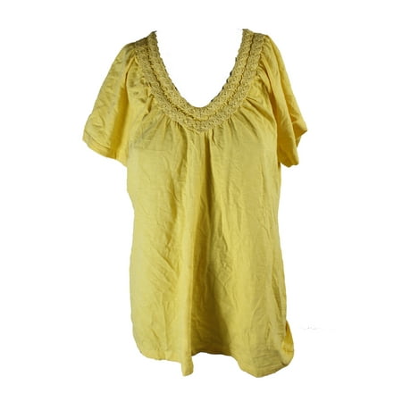 Jm Collection Yellow Cotton Crochet-Trim Top L