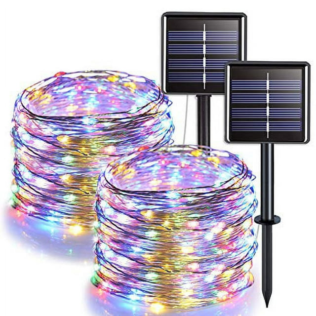 Jmexsuss 2 Pack Solar Christmas Lights, 100 Led Solar String Lights Outdoor Waterproof, Silver Wire Solar Fairy Lights Multicolor, 8 Modes Solar Twinkle Lights