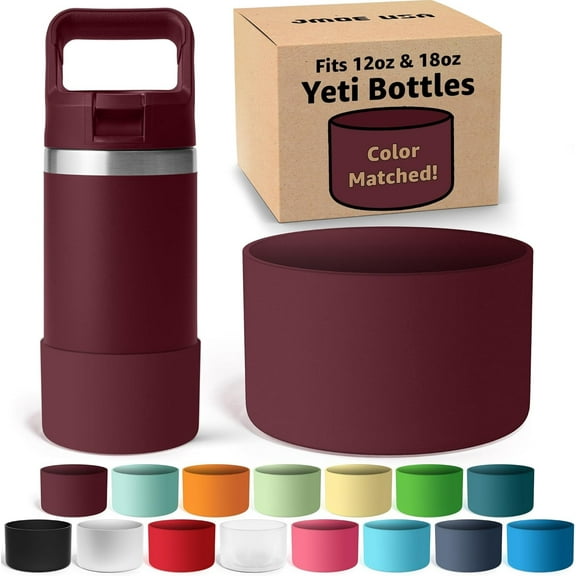 Jmoe USA Silicone Boot Compatible with Yeti Rambler Jr 12oz and 18oz Bottle | 2mm Sleeve | Anti-Slip | Protector for the Bottom of your Bottle | Protects Against Damage | BPA Free Silicone (Vine Red)