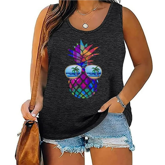 Jmters Women's Plus Size Summer Pineapple Sunglasses Tees Sleeveless Vacation T Shirt Tank Tops Hawaiian Graphic Printed