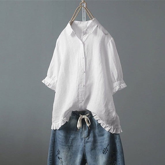 JnLxul Cotton Linen Shirts for Women 3/4 Sleeve Button down Lapel Ruffled Tops Casual Loose Summer Breathable T-Shirts
