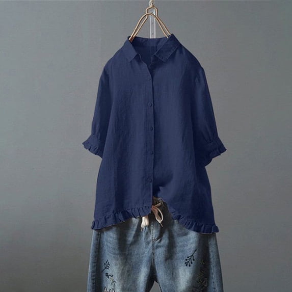 JnLxul Cotton Linen Shirts for Women 3/4 Sleeve Button down Lapel Ruffled Tops Casual Loose Summer Breathable T-Shirts