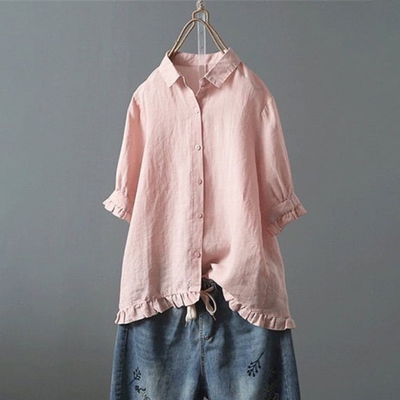 JnLxul Cotton Linen Shirts for Women 3/4 Sleeve Button down Lapel Ruffled Tops Casual Loose Summer Breathable T-Shirts