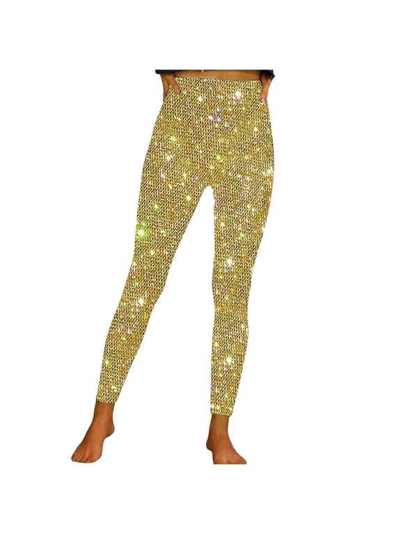 Leggings for Women High Waisted Glitter Stretchy Slim Fitting Casual Sequin Club Wear Pants Trendy(3X-Large,Yellow)
