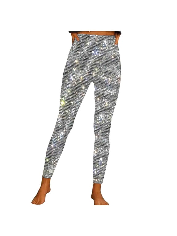 Leggings for Women High Waisted Glitter Stretchy Slim Fitting Casual Sequin Club Wear Pants Trendy(Medium,Silver)