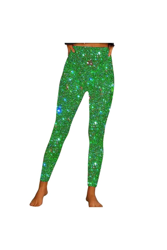 Leggings for Women High Waisted Glitter Stretchy Slim Fitting Casual Sequin Club Wear Pants Trendy(X-Large,Green)