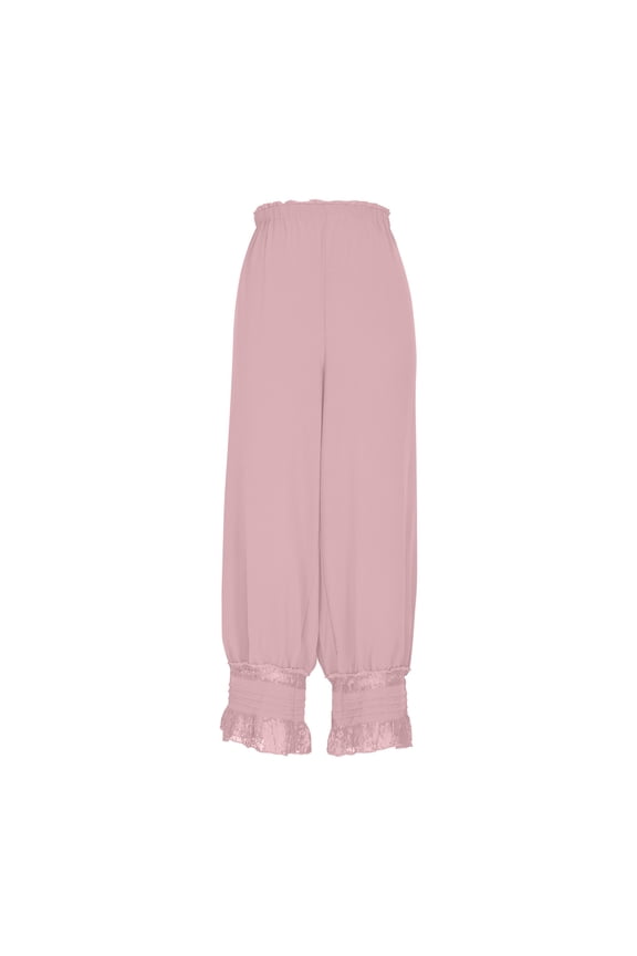 Pants for Women Loose Elastic Waist Lace Trim Ruffle Casual Solid Color Comfy Bloomer Pants Trendy(Large,Pink)