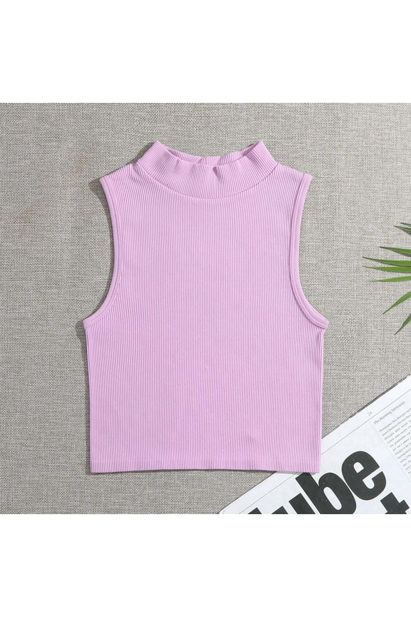 Ribbed Tank Tops for Women Summer Workout Stretch Slim Fitted Crop Tops Sleeveless High Neck Casual Running Tees