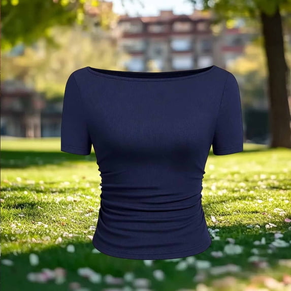 JnLxul Ribbed Tops for Women Scoop Neck Short Sleeve Ruched Side Slim Fitted Crop Tops Casual Summer Cute T-Shirts