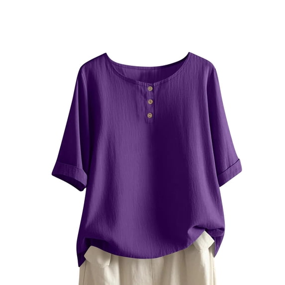 JnLxul Summer Tops for Women Elbow Length Sleeve Scoop Neck Button T-Shirts Casual Loose Lightweight Tops