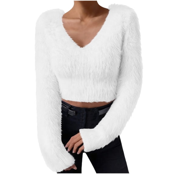 JnLxul Sweater Tops for Women Fleece V Neck Long Sleeve Fuzzy Cropped Fall Winter Slim Fitting Comfy Sweaters(Large,White)