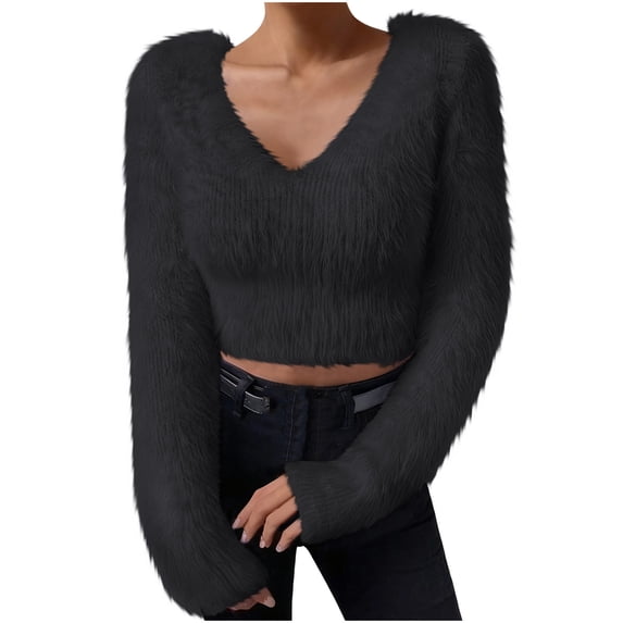 JnLxul Sweater Tops for Women Fleece V Neck Long Sleeve Fuzzy Cropped Fall Winter Slim Fitting Comfy Sweaters(X-Large)