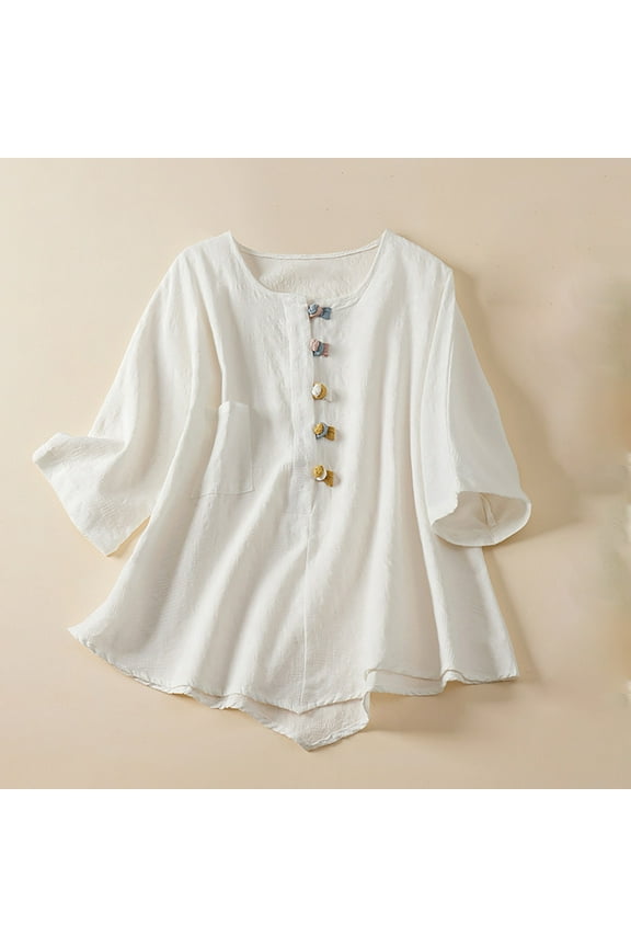 Textured Tops for Women Cotton Linen Half Button 3/4 Sleeve Scoop Neck Blouse Tops Casual Loose Summer Trendy Shirts