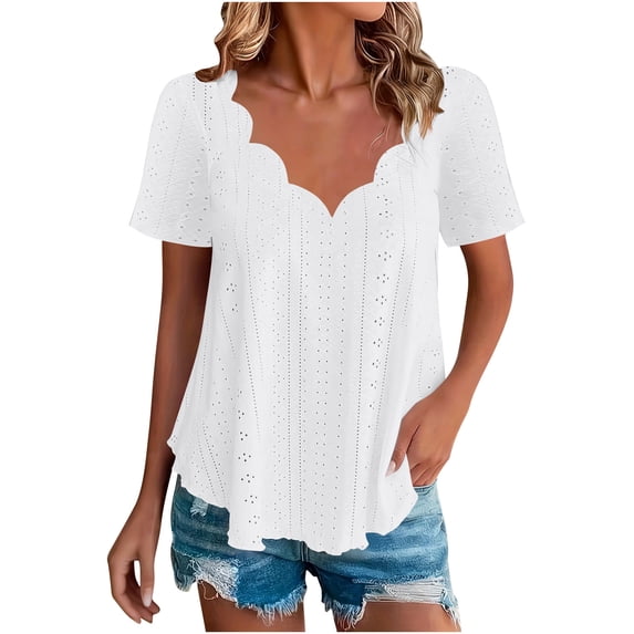 JnLxul Tops for Women Eyelet Short Sleeve V Neck Curved Hem Blouse Tops Casual Loose Summer Dressy Shirts