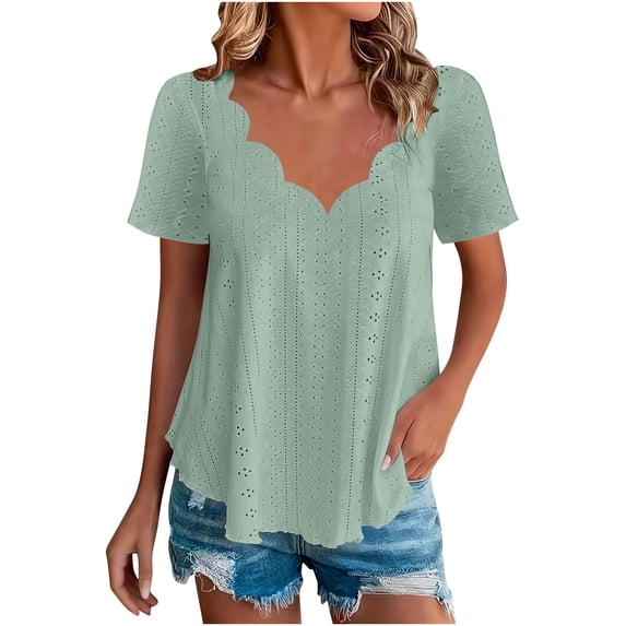 JnLxul Tops for Women Eyelet Short Sleeve V Neck Curved Hem Blouse Tops Casual Loose Summer Dressy Shirts