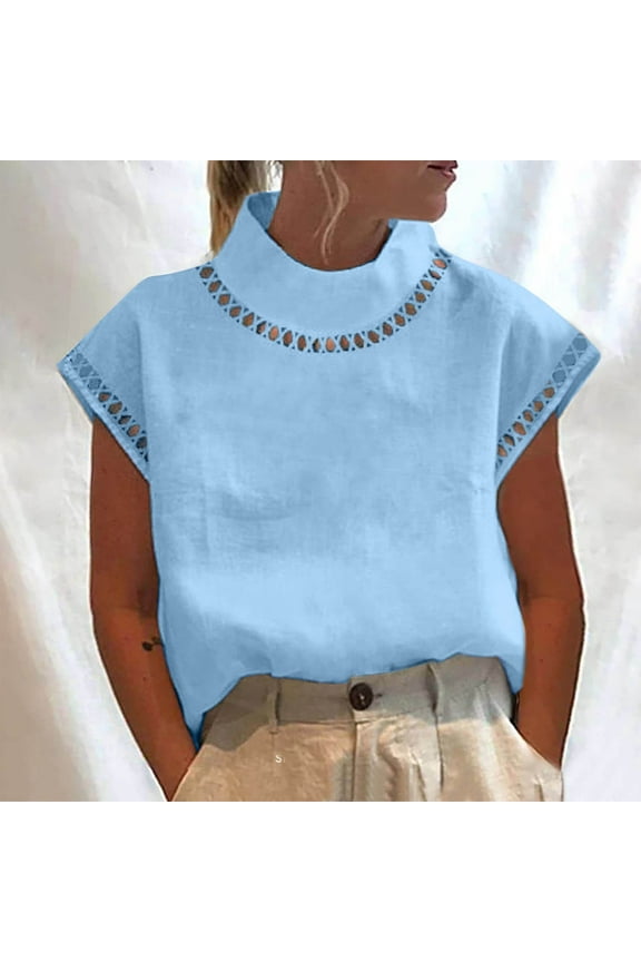 Tops for Women Trendy Cotton Linen Hollow out Blouse Short Sleeve Half High Neck Back Zipper Shirts Casual Loose Summer Tops