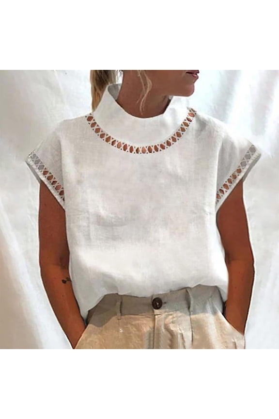 Tops for Women Trendy Cotton Linen Hollow out Blouse Short Sleeve Half High Neck Back Zipper Shirts Casual Loose Summer Tops