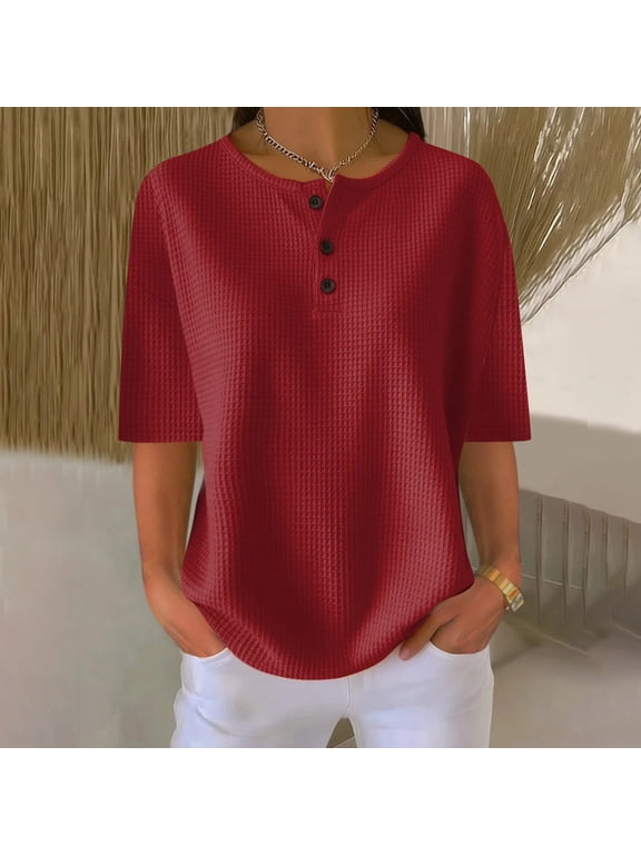 Tops for Women Trendy Elbow Length Sleeve Crew Neck Button Pull-On Tops Casual Loose Summer Plain T-Shirts