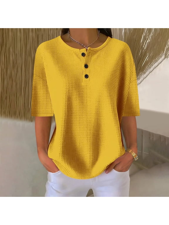 Tops for Women Trendy Elbow Length Sleeve Crew Neck Button Pull-On Tops Casual Loose Summer Plain T-Shirts