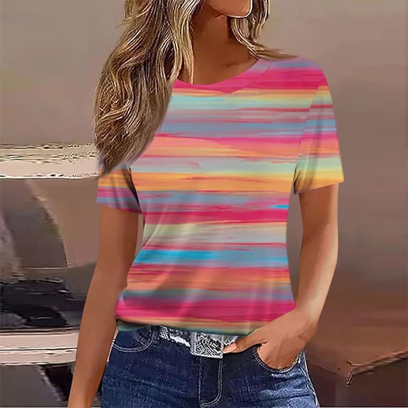 JnLxul Tops for Women Trendy Short Sleeve Color Blocked Crew Neck Tee Tops Casual Loose Summer T-Shirts