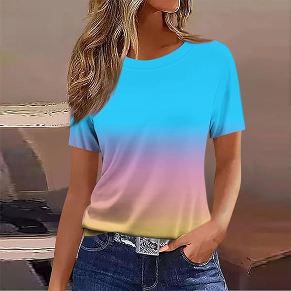 JnLxul Tops for Women Trendy Short Sleeve Gradient Color Crew Neck Tee Tops Casual Loose Summer T-Shirts