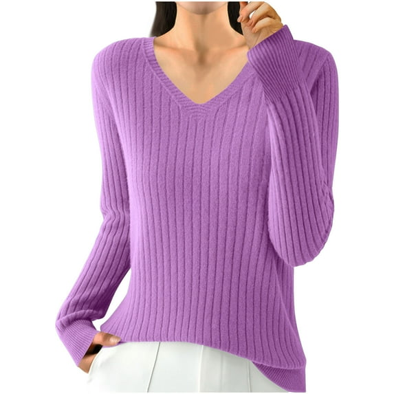 JnLxul Trendy Tops for Women Ribbed Knitted V Neck Sweater Long Sleeve Fall Spring Pullover Casual Wear Dailywear