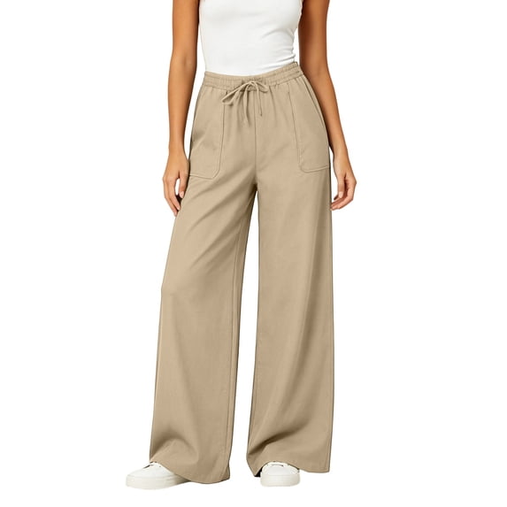 JnLxul Wide Leg Pants for Women Elastic Waist Drawstring Loose Summer Casual Lightweight Pants with Pockets(Medium,Khaki)