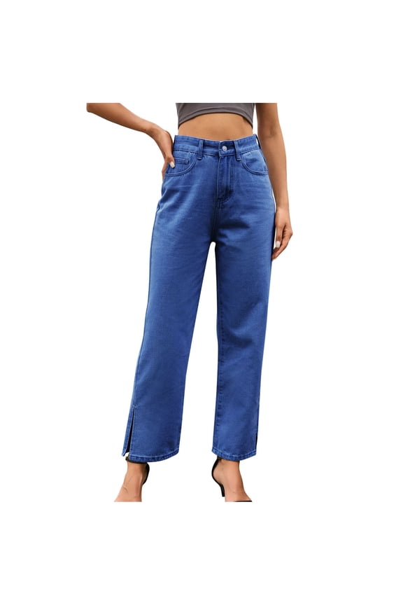 Womens Jean Pants High Waisted Loose Fitting Straight Leg Button Slit Hem Summer Casual Denim Pants with Pockets(Small,Dark Blue)