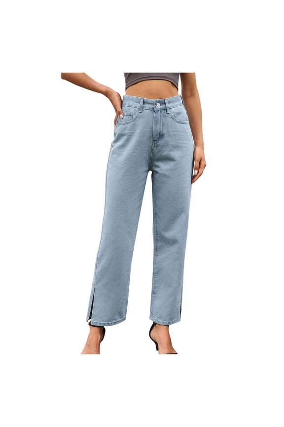 Womens Jean Pants High Waisted Loose Fitting Straight Leg Button Slit Hem Summer Casual Denim Pants with Pockets(Small,Light Blue)