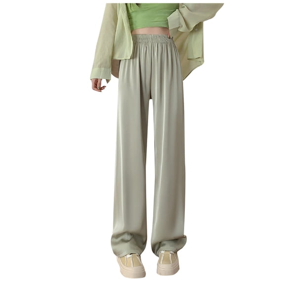 JnLxul Womens Pants Casual Summer High Waisted Elastic Comfy Lightweight Drape Straight Leg Loose Pants Trendy Outfits(Large,Green)
