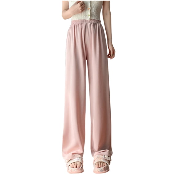 JnLxul Womens Pants Casual Summer High Waisted Elastic Comfy Lightweight Drape Straight Leg Loose Pants Trendy Outfits(Small)